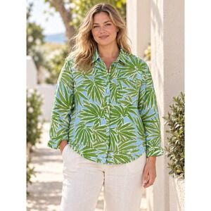 Sigrid Olsen Tropical Palm Linen Button Down Shirt Womens Large Green Blue